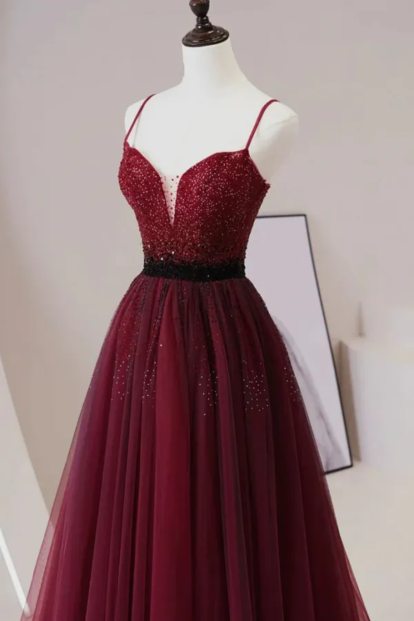 A Line V Neck Beaded Burgundy Tulle Long Prom Dress, Beaded Burgundy Formal Graduation Evening Dress KPP1710