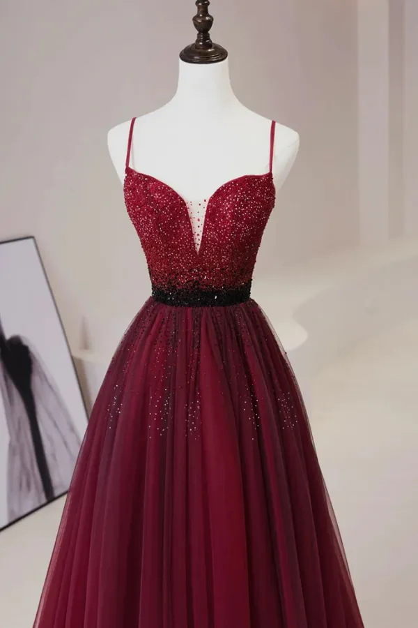 A Line V Neck Beaded Burgundy Tulle Long Prom Dress, Beaded Burgundy Formal Graduation Evening Dress KPP1710