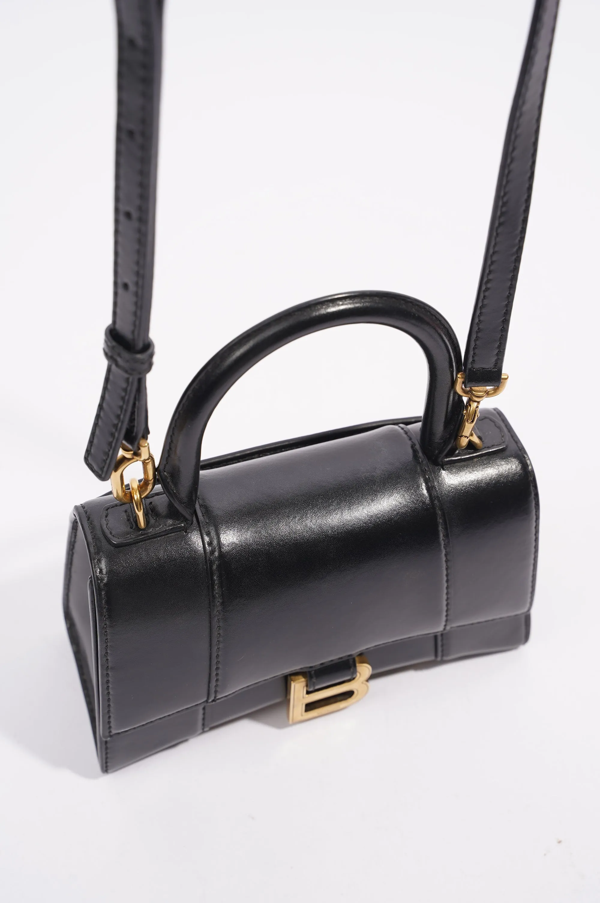 Balenciaga Womens Hourglass Crossbody Bag Black Leather XS