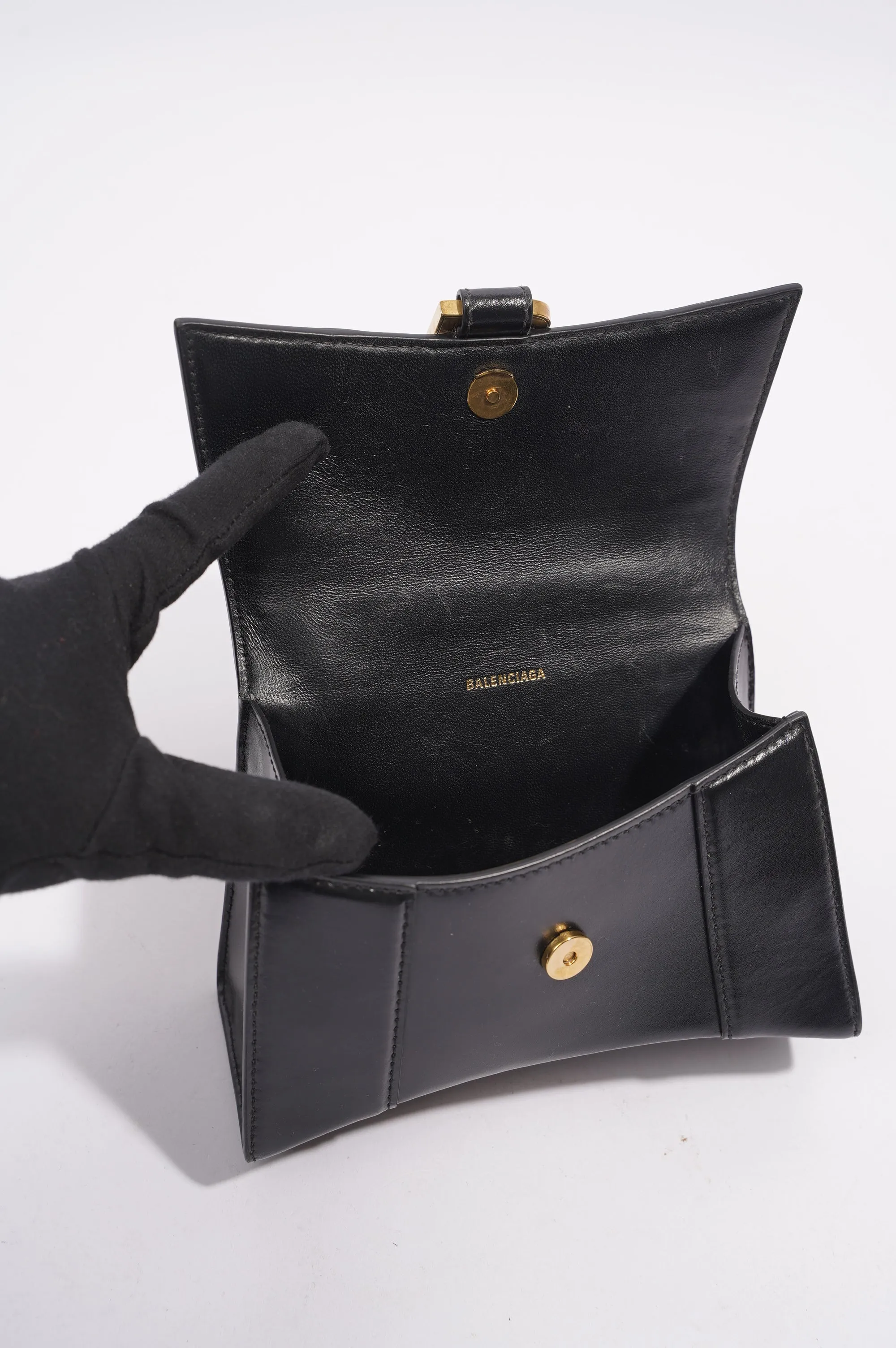 Balenciaga Womens Hourglass Crossbody Bag Black Leather XS