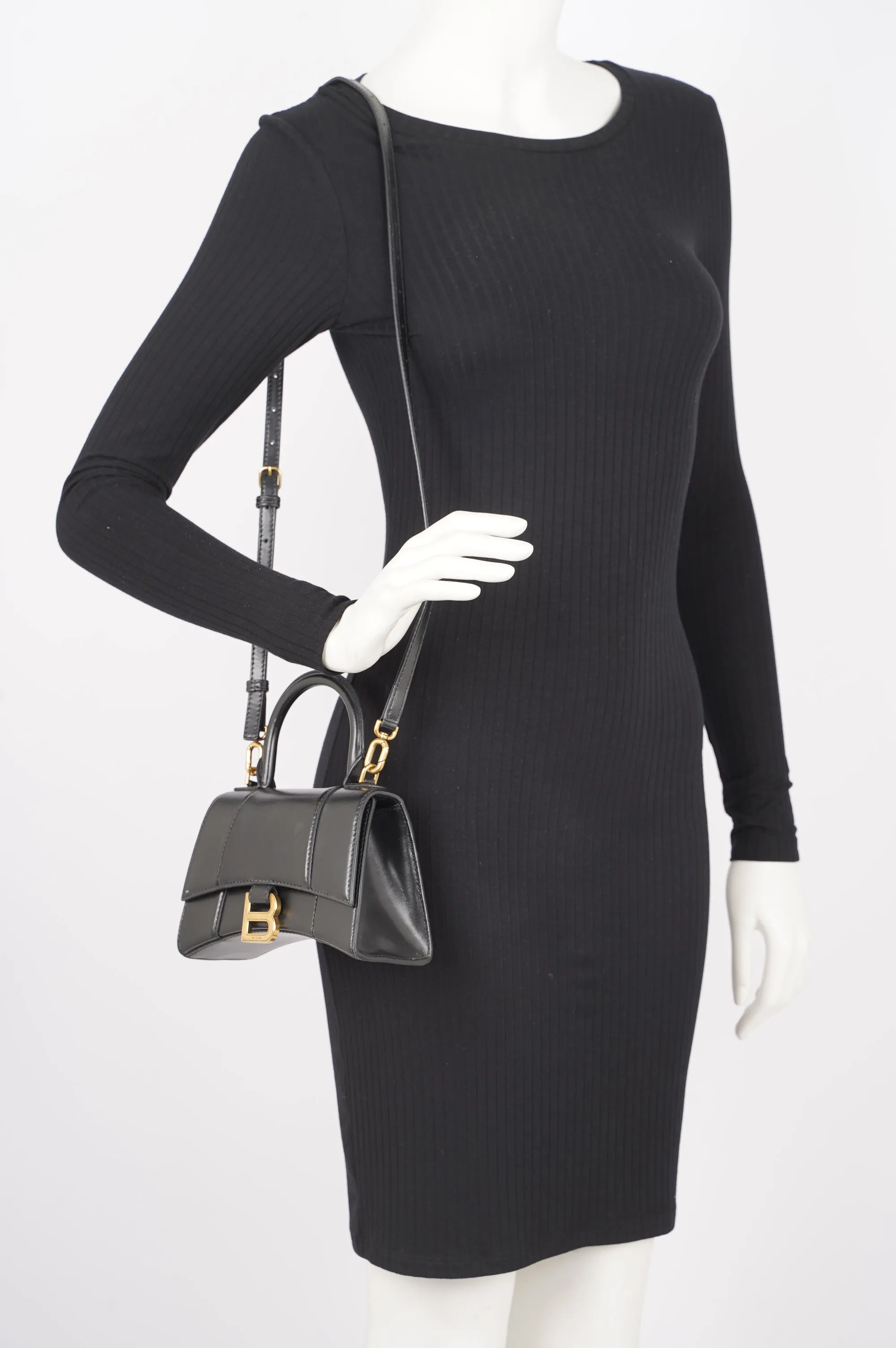Balenciaga Womens Hourglass Crossbody Bag Black Leather XS