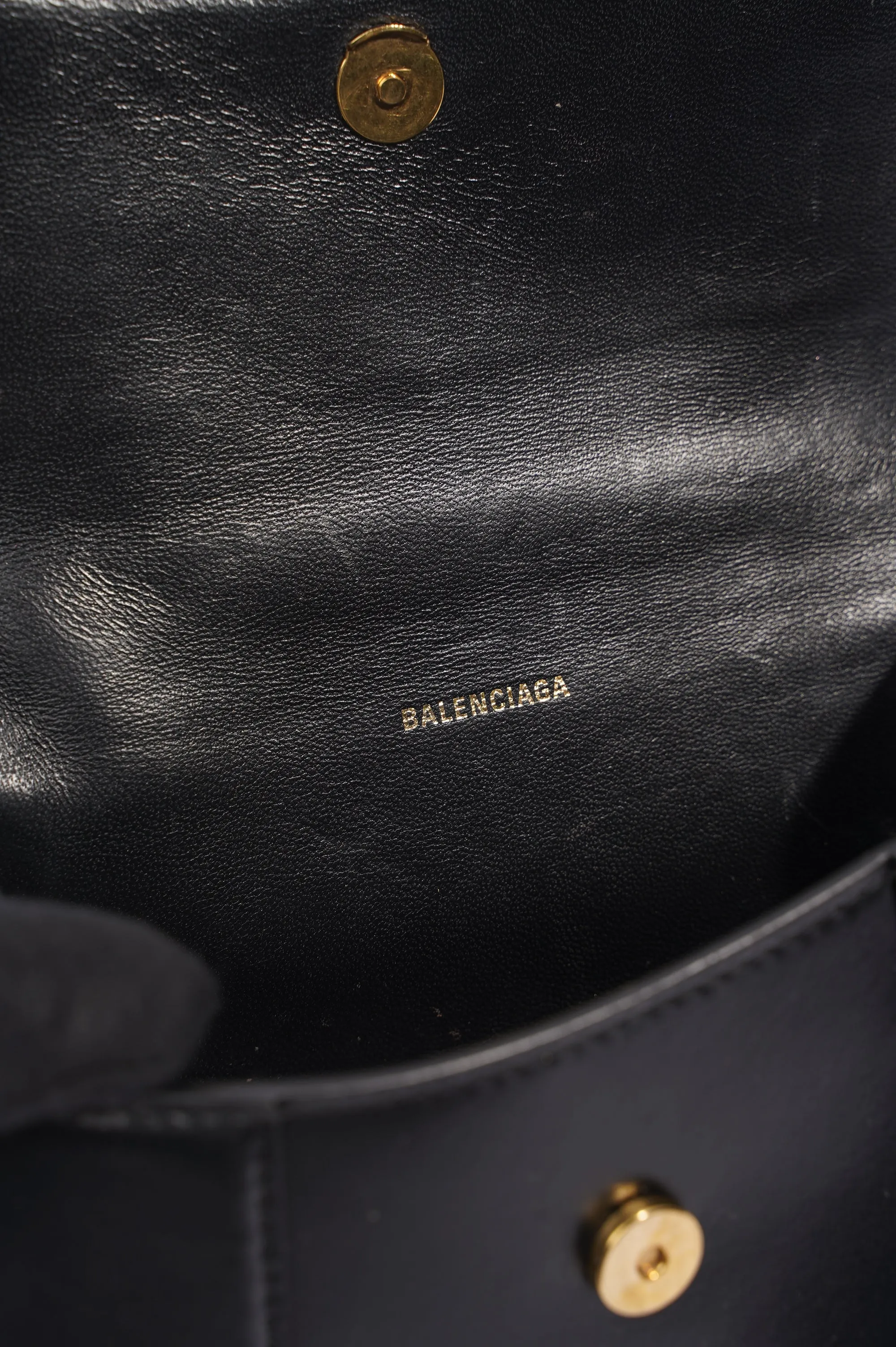 Balenciaga Womens Hourglass Crossbody Bag Black Leather XS