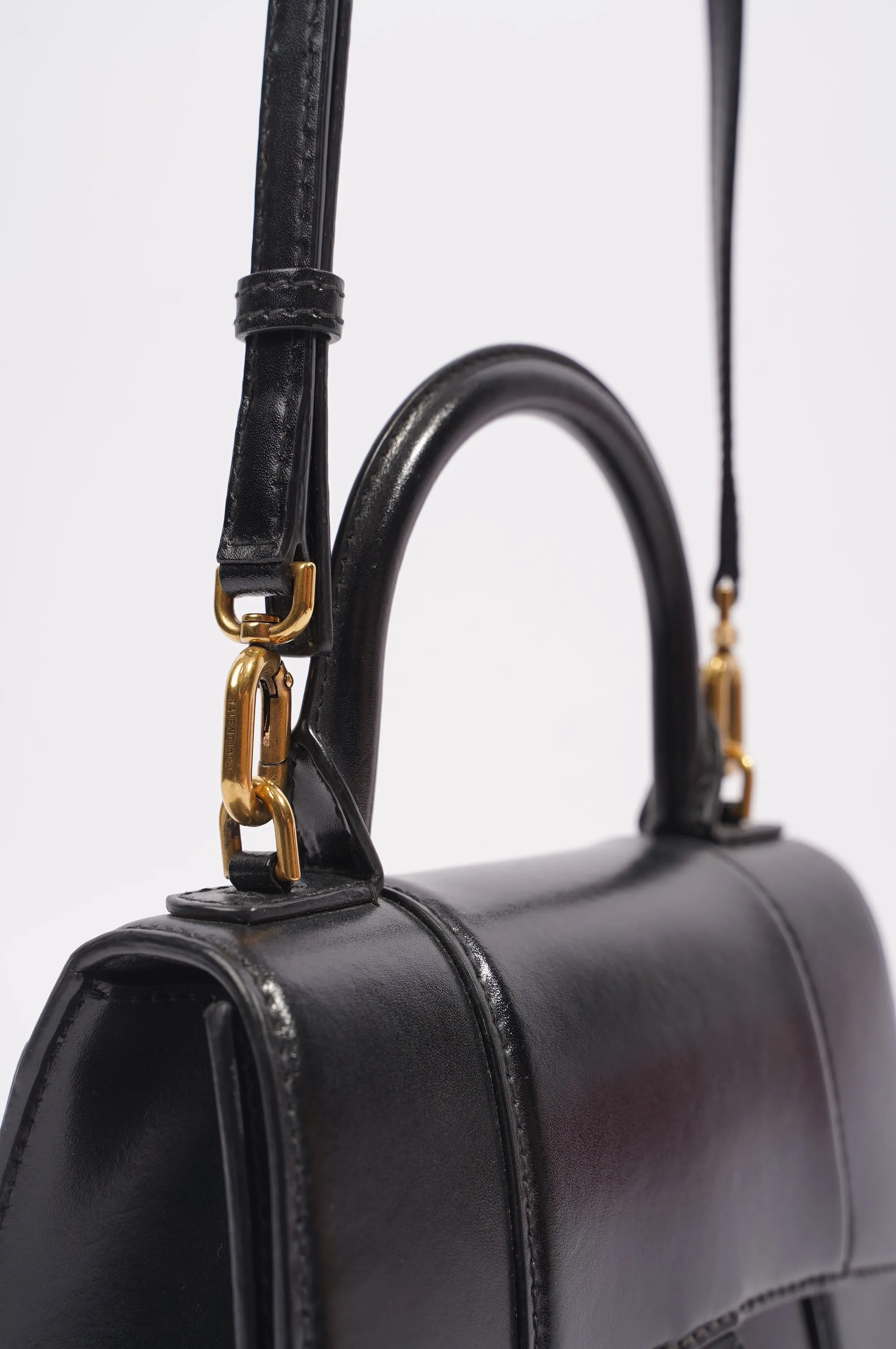 Balenciaga Womens Hourglass Crossbody Bag Black Leather XS