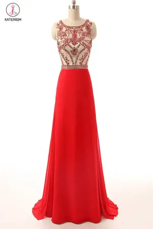 Beaded Long Prom Dress Red Chiffon Cheap Evening Gowns KPP0068