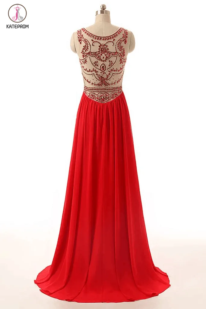 Beaded Long Prom Dress Red Chiffon Cheap Evening Gowns KPP0068