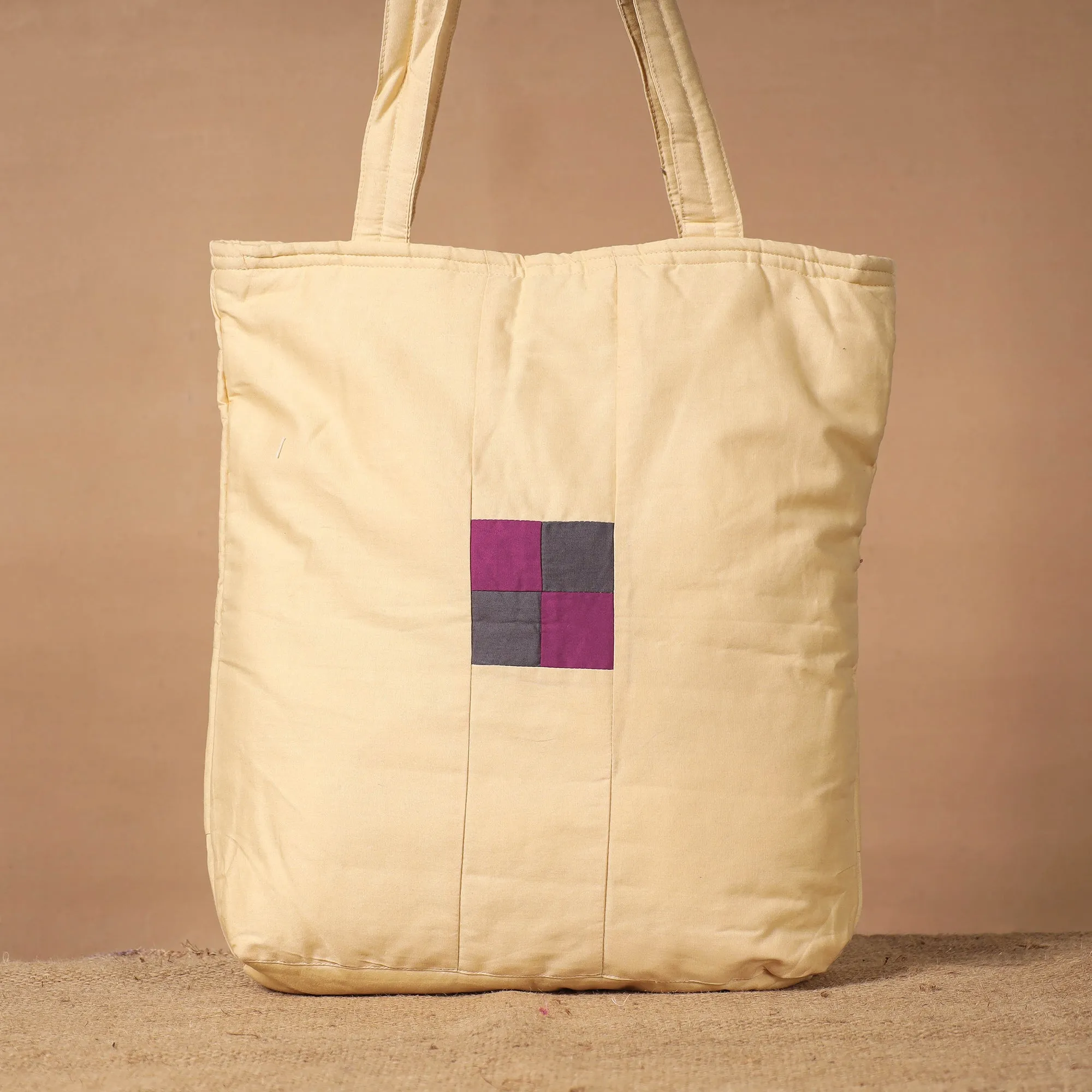 Beige - Patchwork Quilted Cotton Square N Square Shoulder Bag