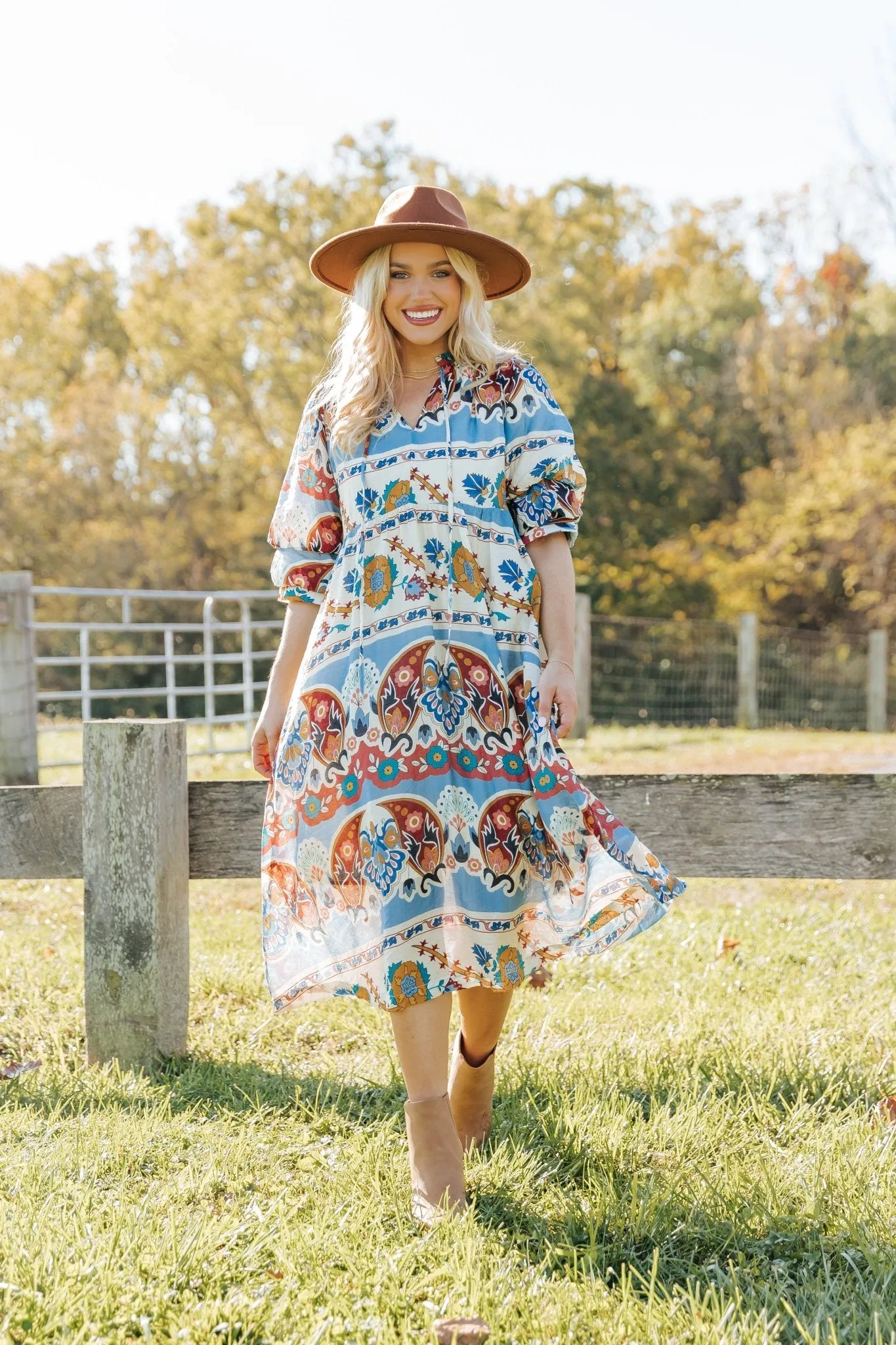 Blue Multi Border Print Midi Dress - FINAL SALE