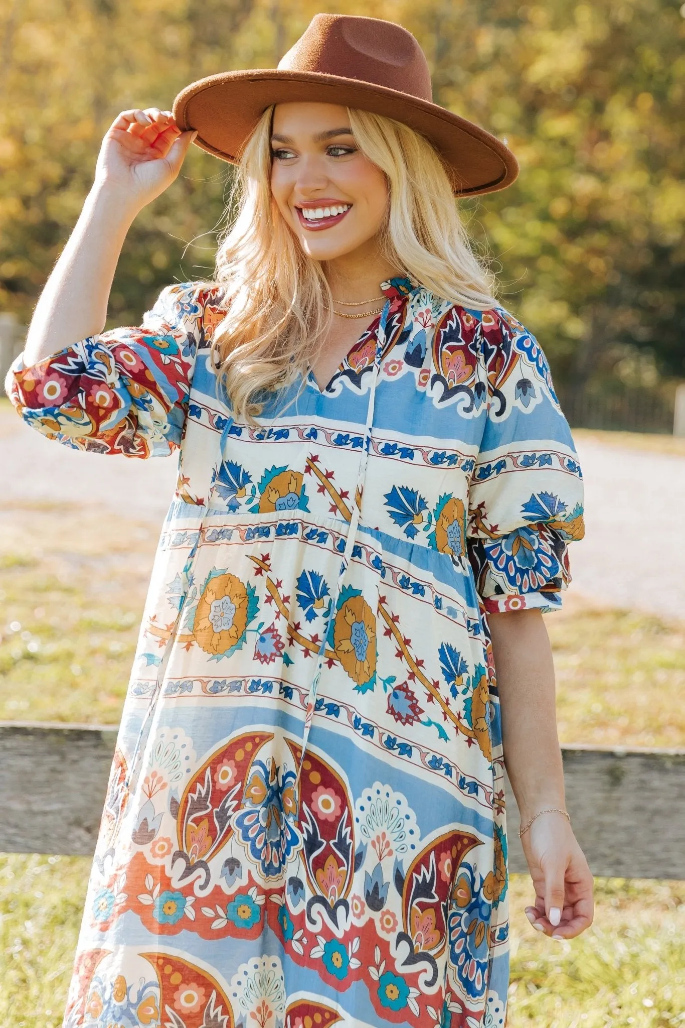 Blue Multi Border Print Midi Dress - FINAL SALE