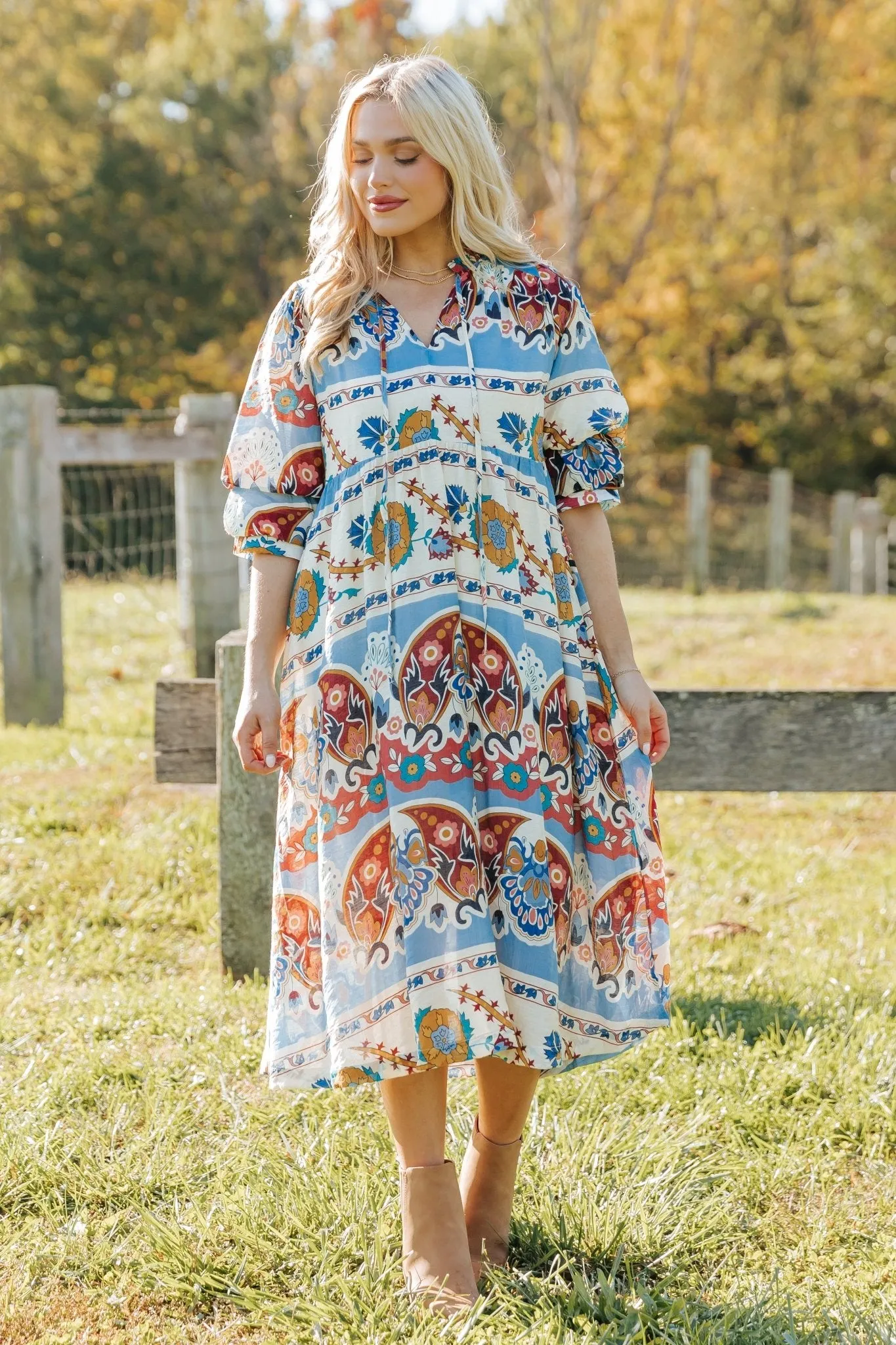 Blue Multi Border Print Midi Dress - FINAL SALE