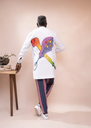 Hand-Painted White Kaftan and Aso Oke Pant Set