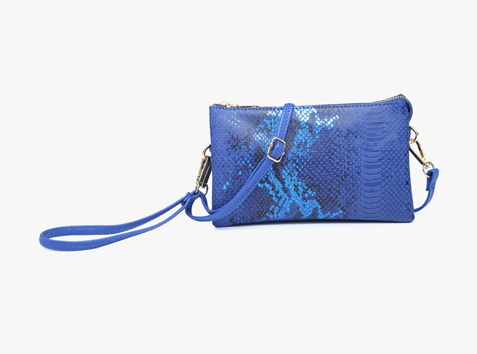 Jen & Co Riley Snake Three Compartment Crossbody Or Wristlet In Metallic Blue