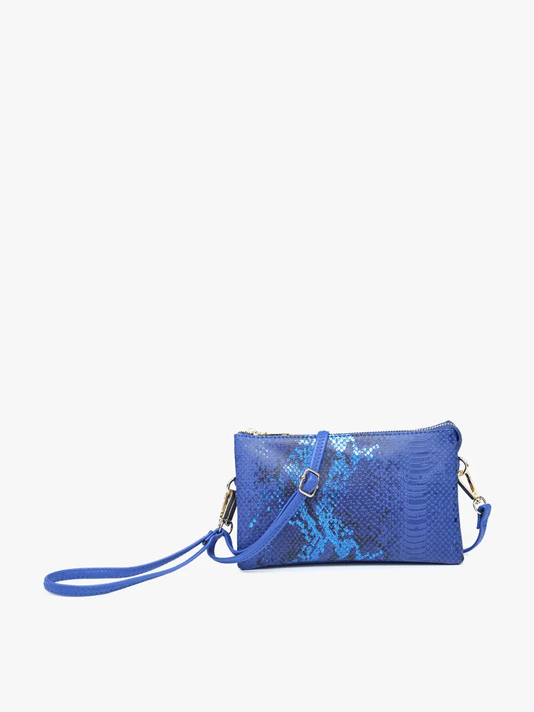 Jen & Co Riley Snake Three Compartment Crossbody Or Wristlet In Metallic Blue