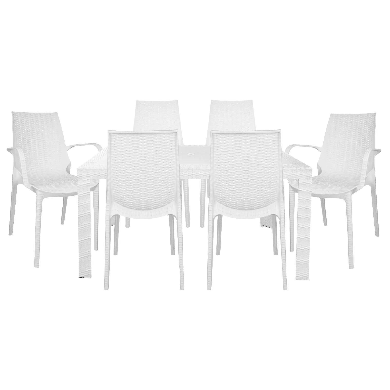 Kent Mid-Century 7-Piece Outdoor Dining Set: 4 Side Chairs & 2 Armchairs