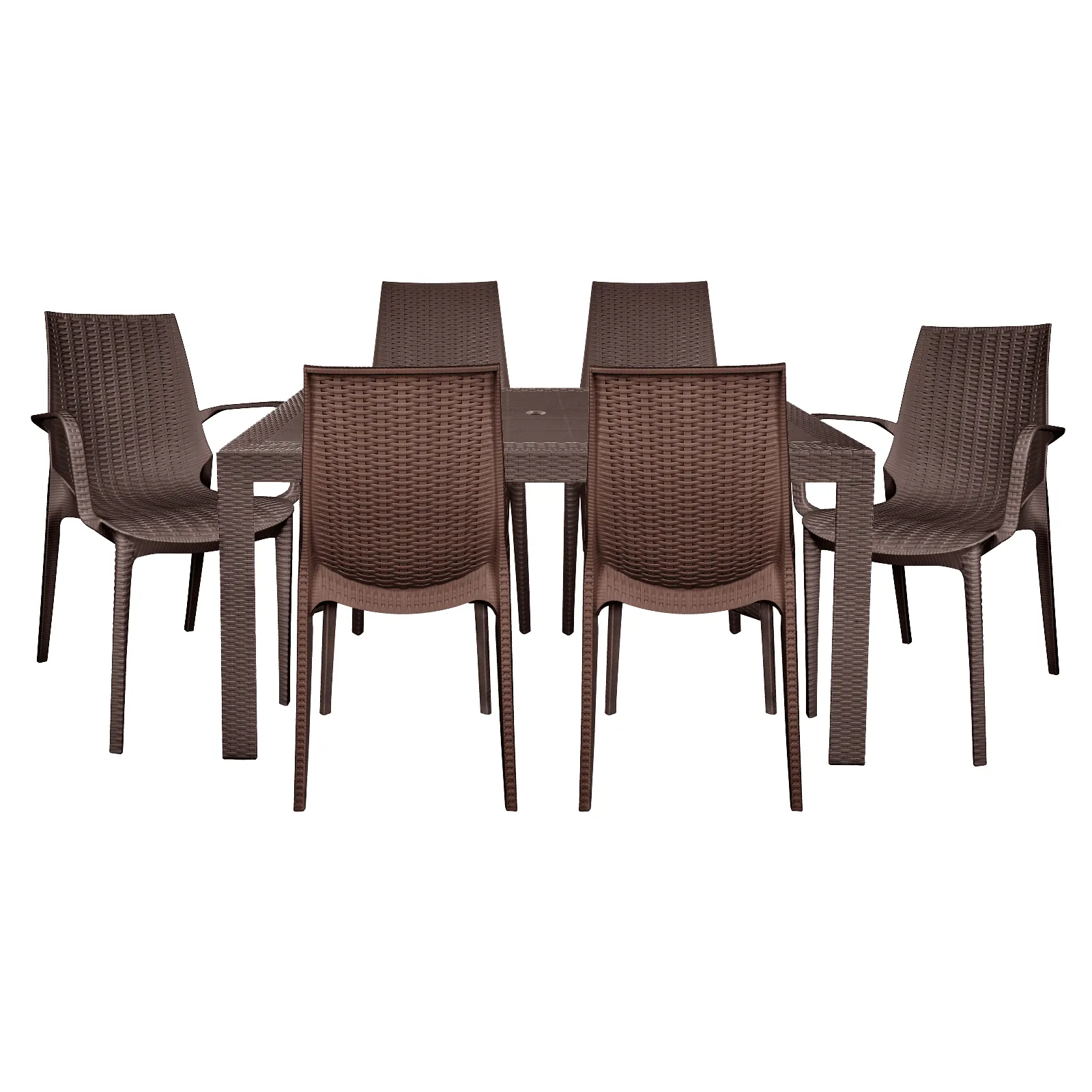Kent Mid-Century 7-Piece Outdoor Dining Set: 4 Side Chairs & 2 Armchairs