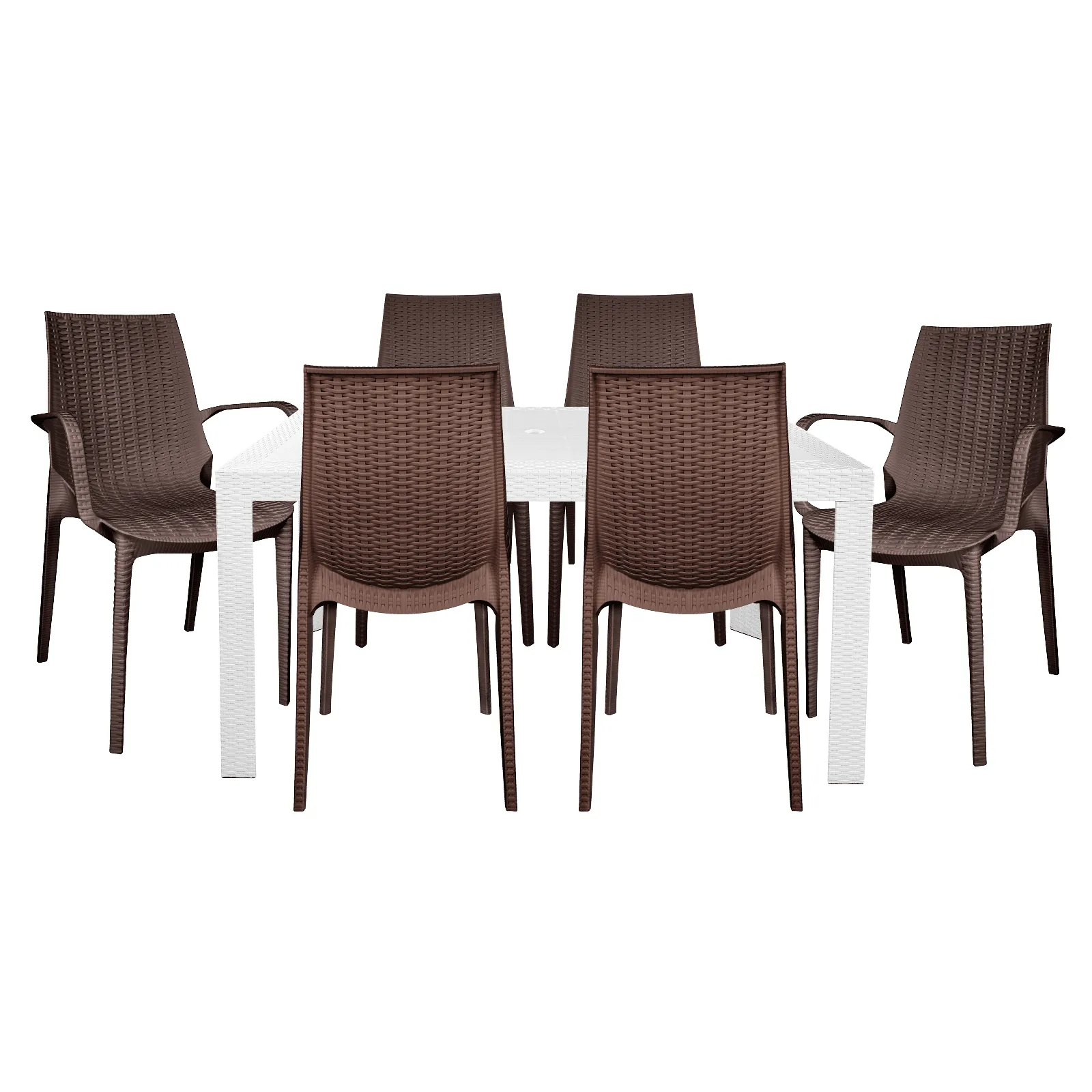 Kent Mid-Century 7-Piece Outdoor Dining Set: 4 Side Chairs & 2 Armchairs
