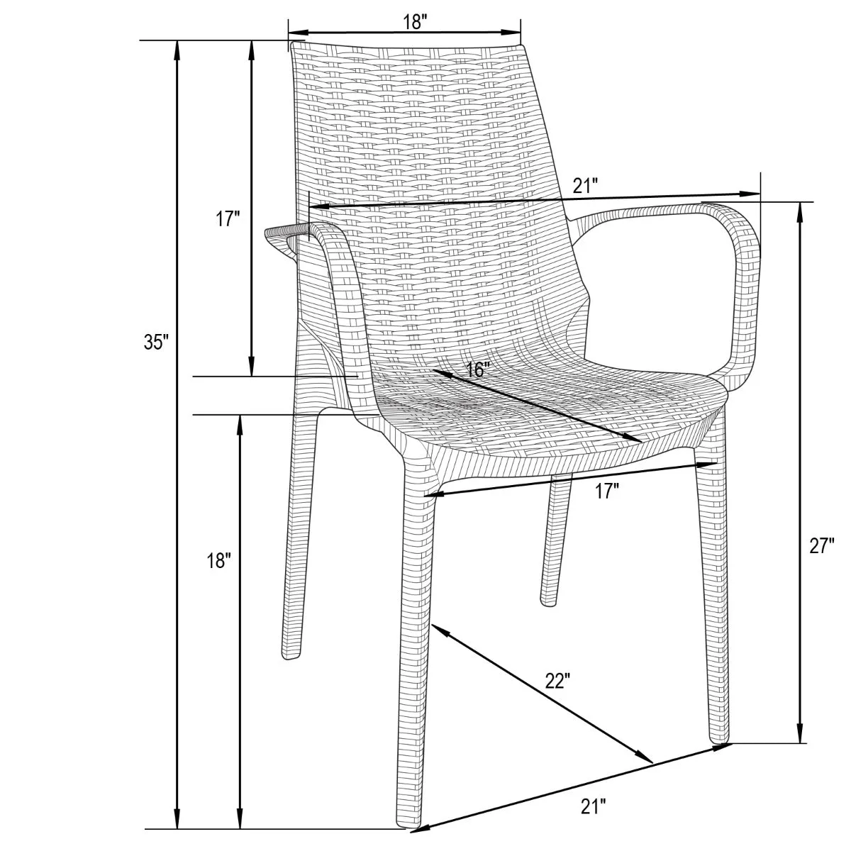 Kent Mid-Century 7-Piece Outdoor Dining Set: 4 Side Chairs & 2 Armchairs
