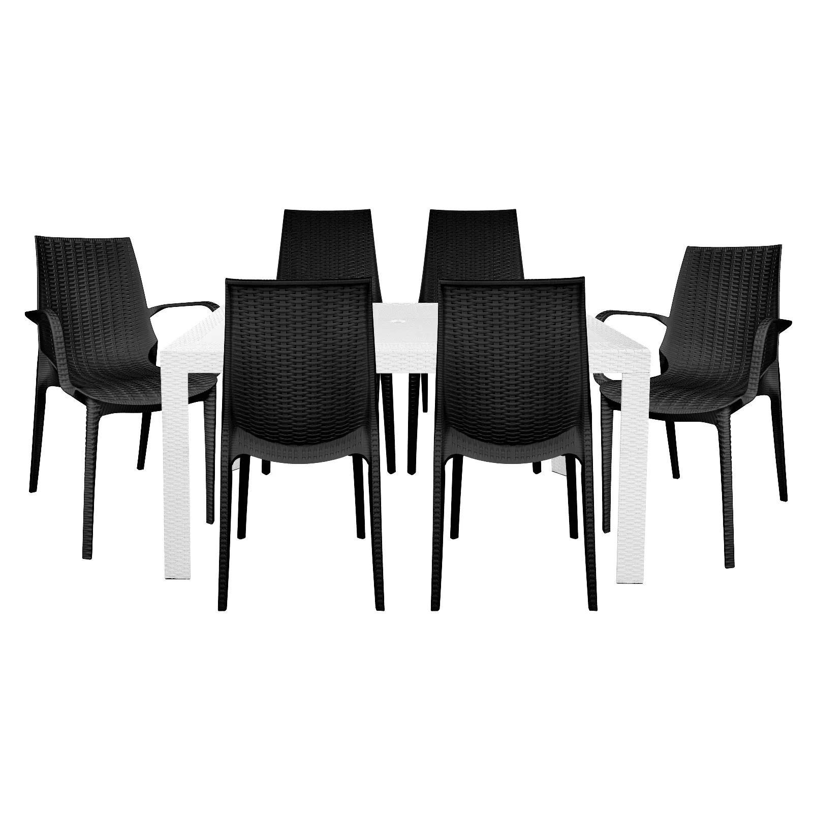 Kent Mid-Century 7-Piece Outdoor Dining Set: 4 Side Chairs & 2 Armchairs