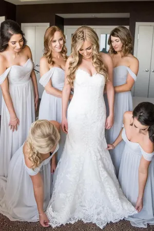 Off the Shoulder A-line Light Grey Chiffon Long Bridesmaid Dress