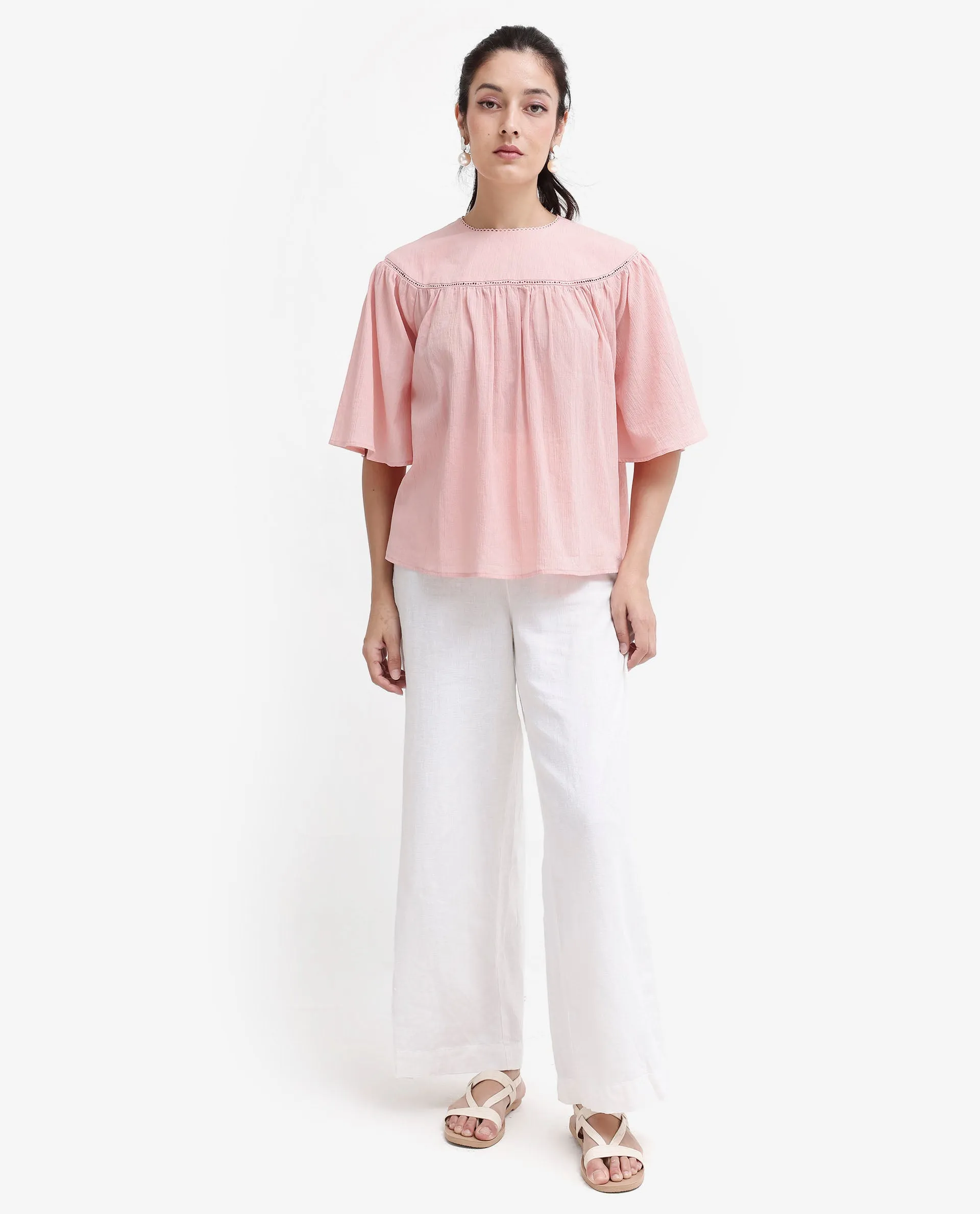 Rareism Women Tonala Light Pink Button Closure Raglan Sleeves Crew Neck Relaxed Fit Plain Top