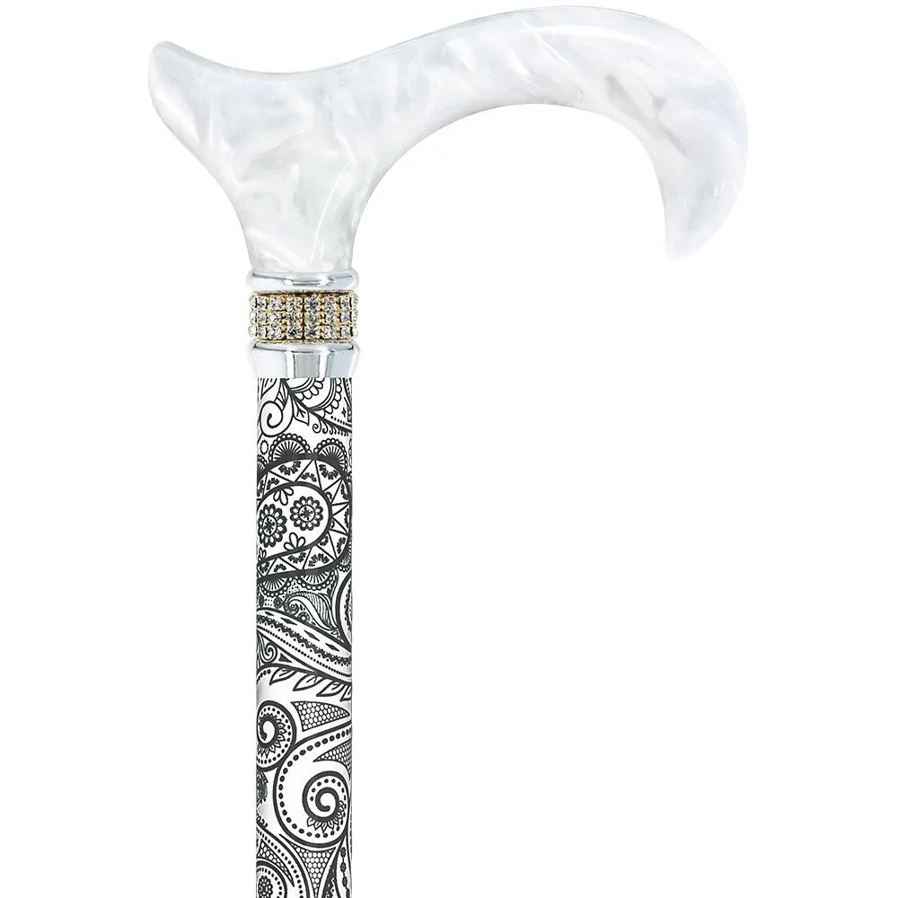 Rhinestone Pearlz Designer Folding Cane: Black & White Majesty