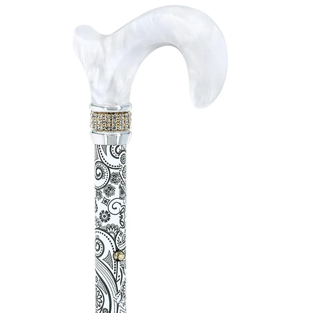 Rhinestone Pearlz Designer Folding Cane: Black & White Majesty