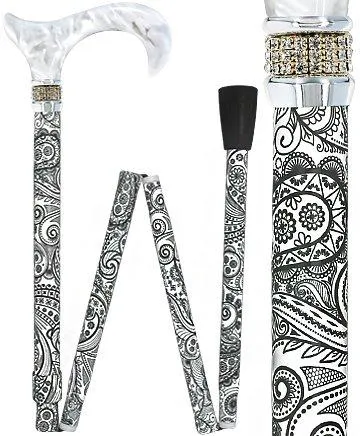 Rhinestone Pearlz Designer Folding Cane: Black & White Majesty