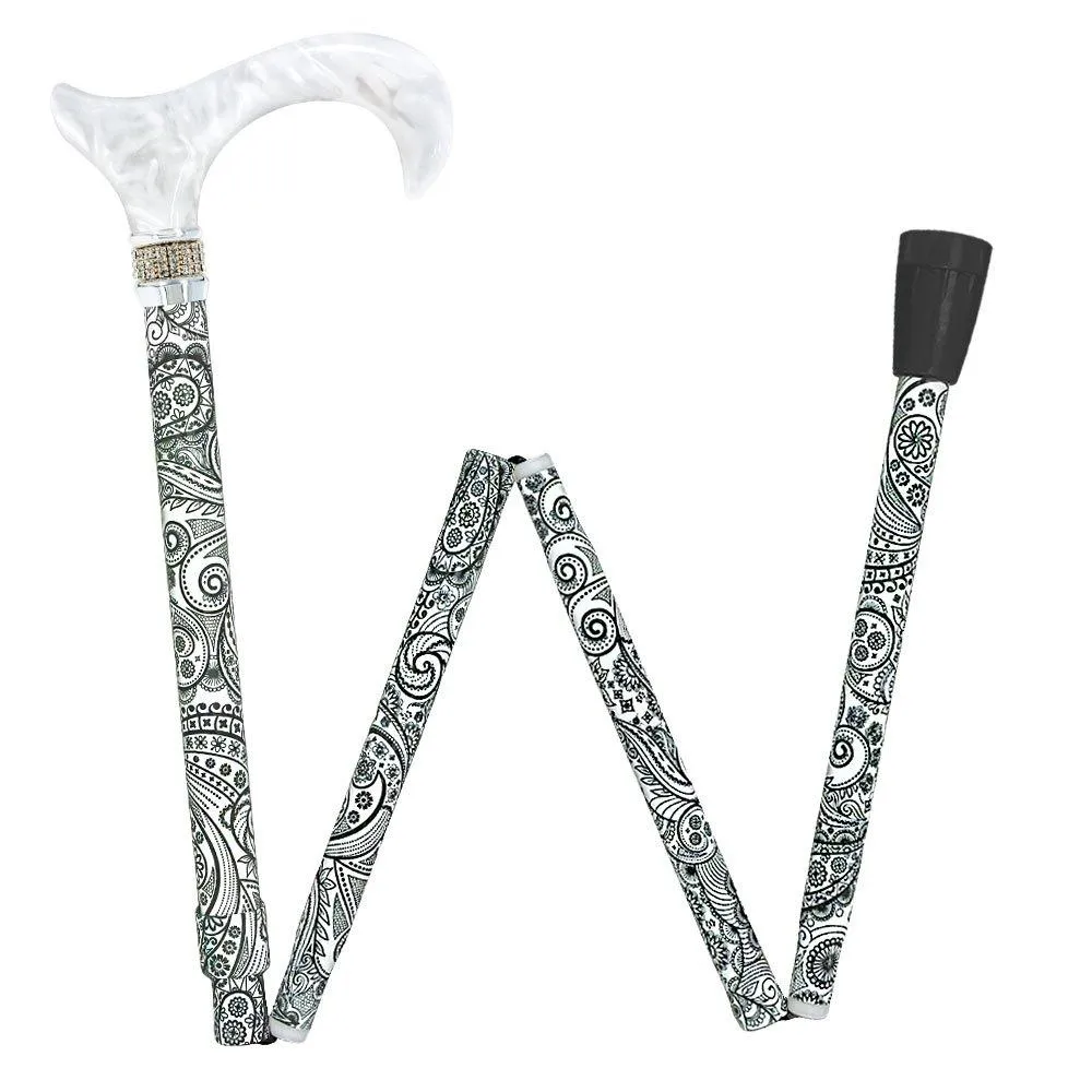 Rhinestone Pearlz Designer Folding Cane: Black & White Majesty