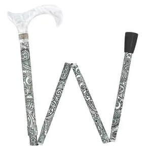Rhinestone Pearlz Designer Folding Cane: Black & White Majesty