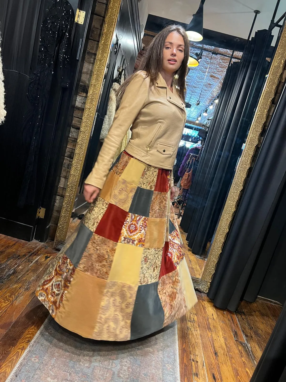 Velvet autumn maxi patchwork skirt