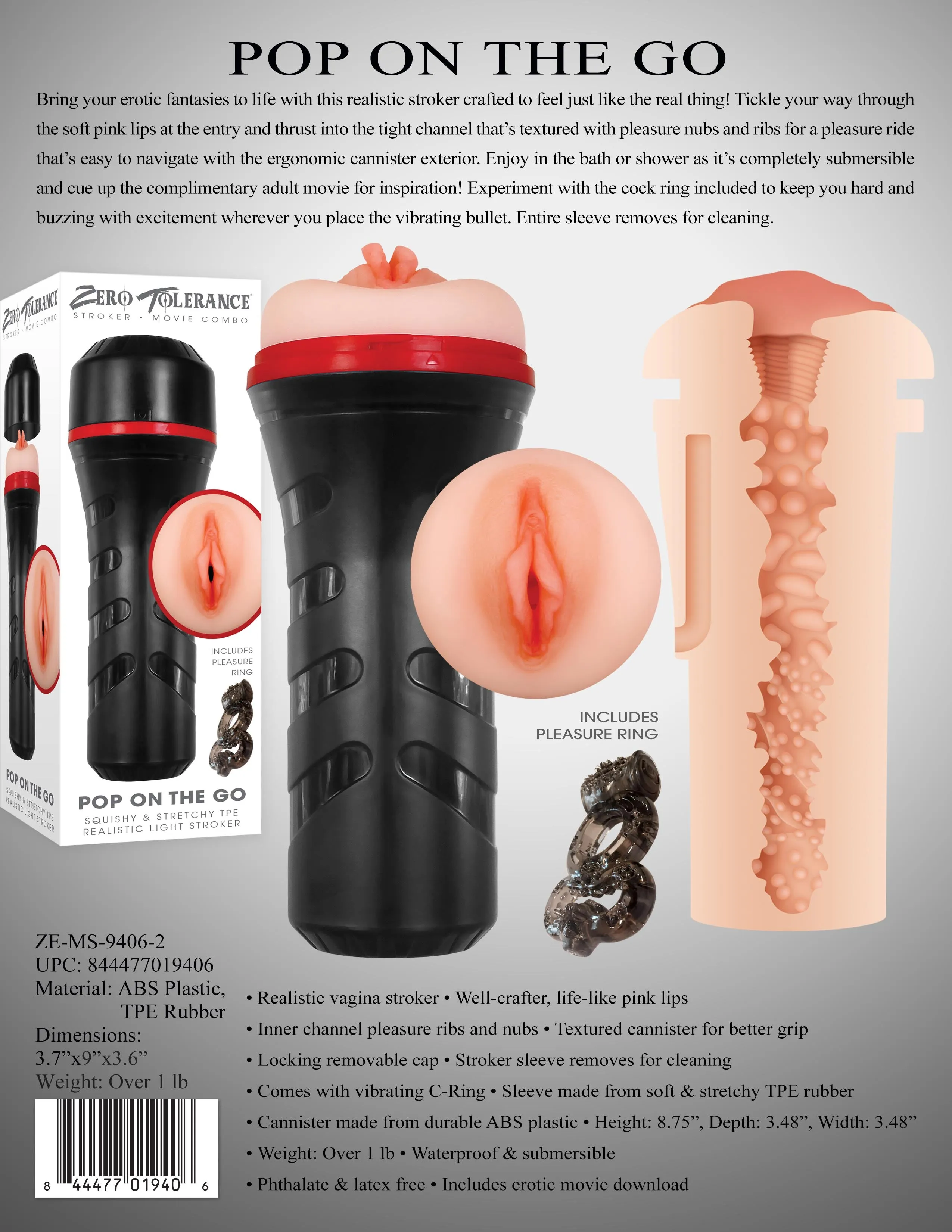 Zero Tolerance POP ON THE GO Light - Flesh Vagina Masturbator